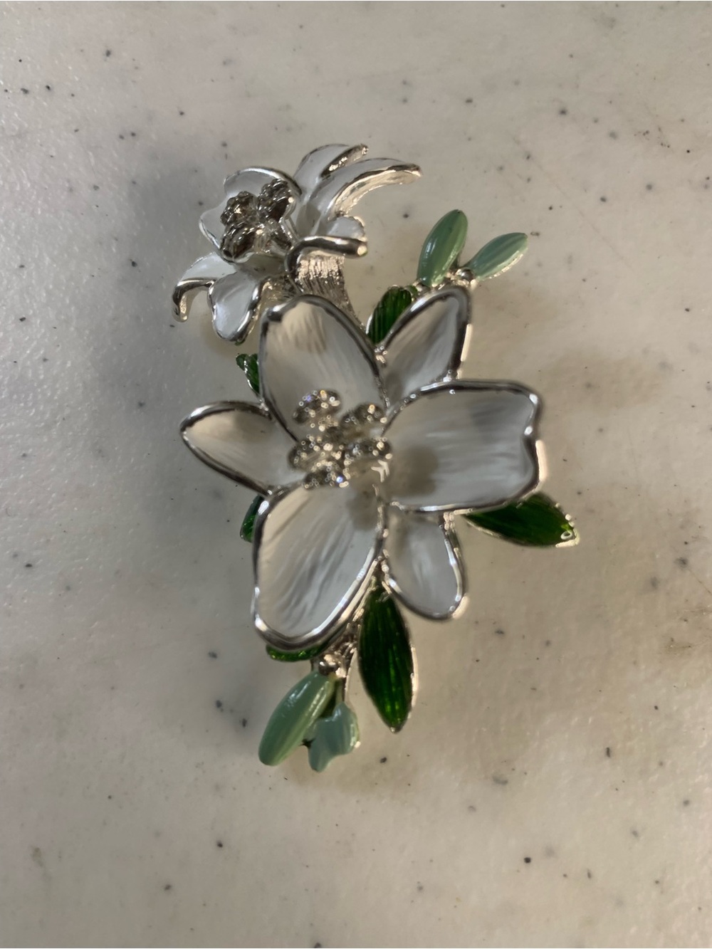 Napier White Enamel Floral Brooch with Green Leaves